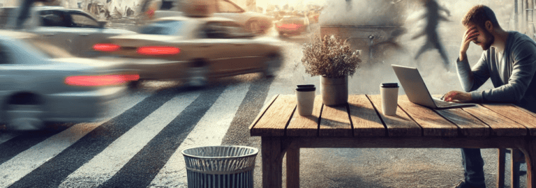 Un uomo seduto a un tavolo con un laptop davanti a sé. Sembra stressato, con la testa appoggiata su una mano. L'atmosfera suggerisce una sensazione di ansia e sopraffazione causata dal ritmo frenetico della vita moderna.