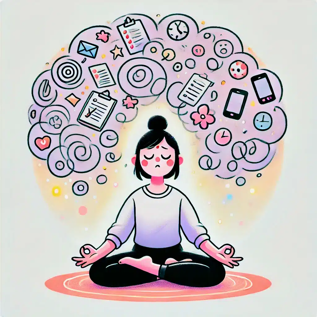 Illustrazione umoristica di una persona che cerca di meditare ma la sua mente è sovrastata da pensieri confusi e distrazioni. La persona è seduta con gli occhi chiusi in posizione da meditazione, mentre intorno a lei svolazzano immagini di smartphone, orologi, e simboli di stress, a rappresentare la difficoltà di restare concentrata e presente.